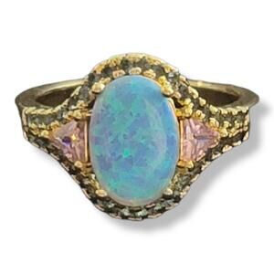 Gold Oval Created Opal Trillion Pink Sapphire and Green Peridot Ladies Ring S 10